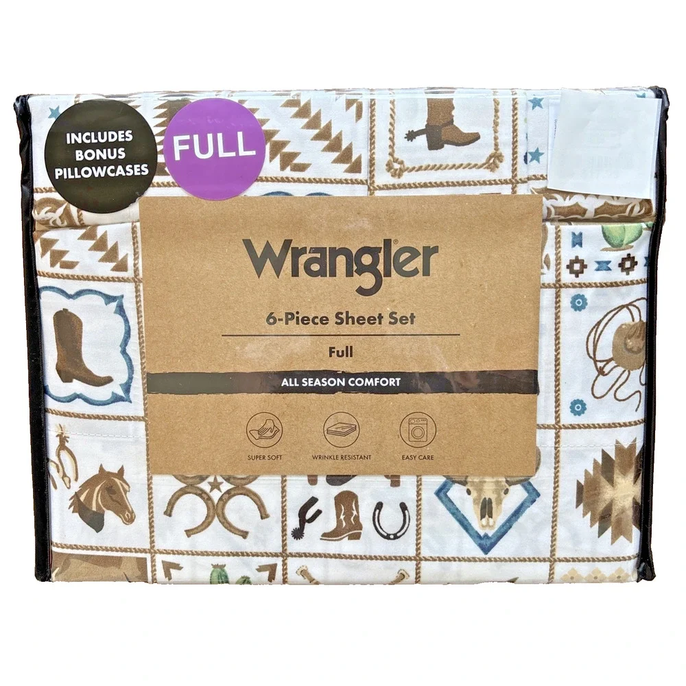 Wrangler FULL Tiles Horse Aztec Boots 6pc Sheets Set Western Cowboy Longhorn NEW